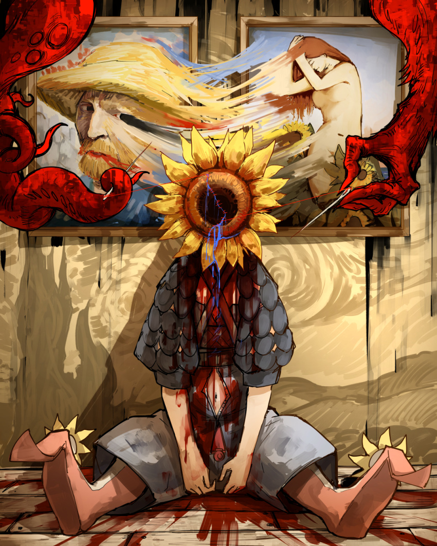 against_wall blood blood_from_mouth blood_on_arm blood_on_clothes blue_blood blue_shirt blue_shorts clothing_cutout clytie_(evelyn_de_morgan) commentary corpse demon fate/grand_order fate_(series) female flower full_body fusion highres indoors kankan33333 navel needle object_head painting_(object) sewing sewing_needle shirt shorts sitting solo spoilers starry_night_(van_gogh) stomach_cutout sunflower tentacle van_gogh_(fate) van_gogh_self-portrait vincent_van_gogh_(person) vincent_van_gogh_(style)