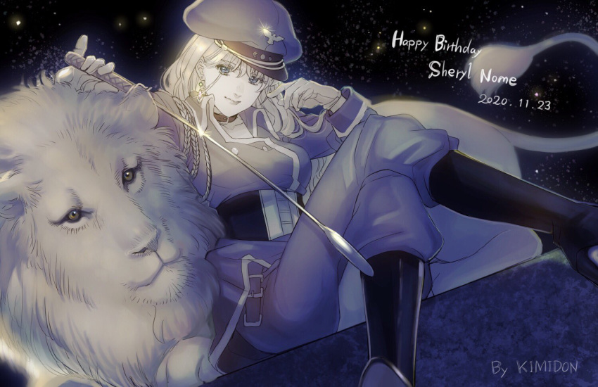 artist_name blue_eyes character_name corset dated female happy_birthday hat holding holding_riding_crop kimidori_(kimidoriri) lion long_hair looking_at_viewer macross macross_frontier monochrome riding_crop sheryl_nome sitting smile solo spot_color uniform