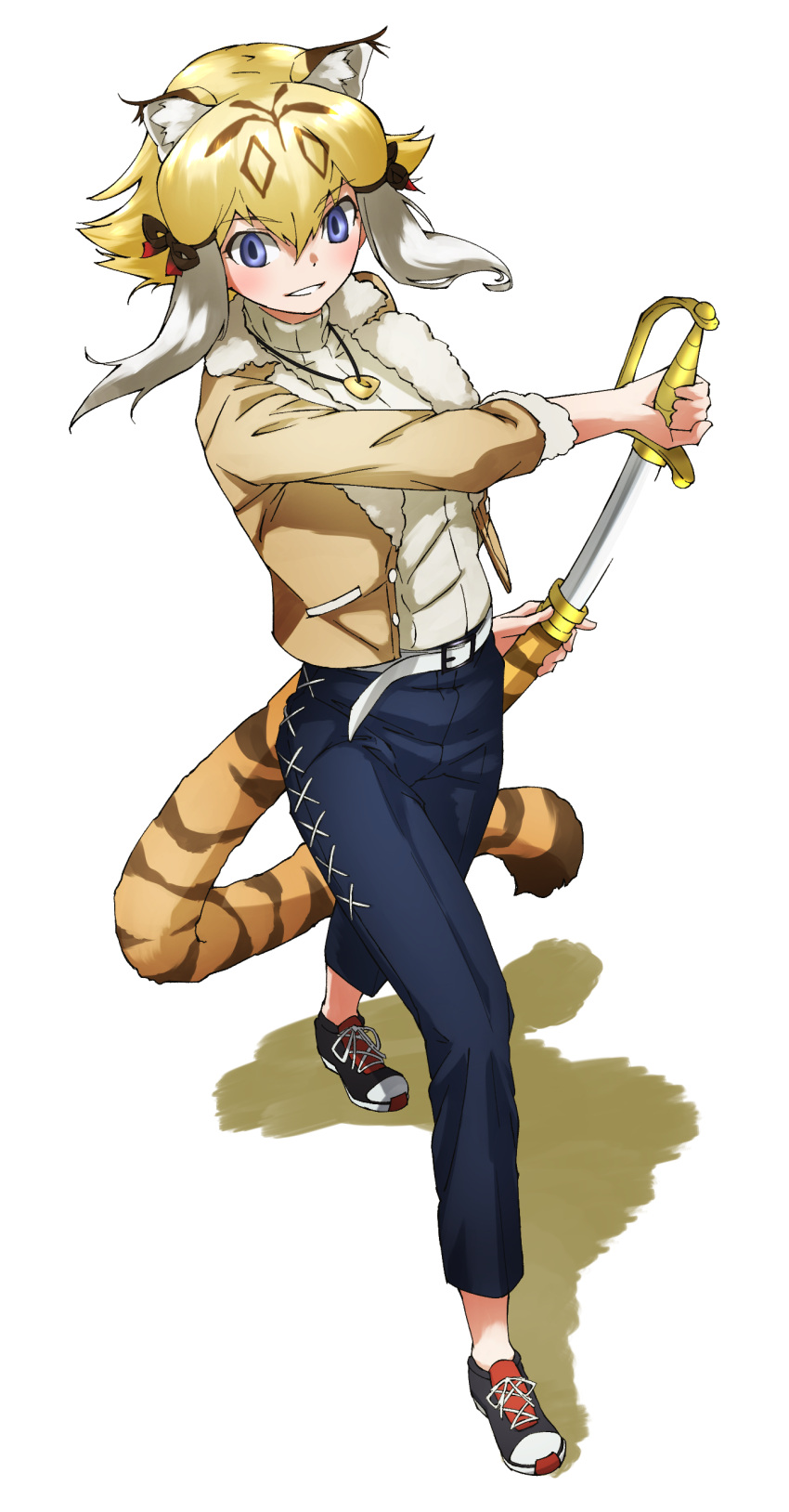 absurdres alternate_costume animal_ears animal_print annotated artistic_error beige_jacket belt black_footwear blonde_hair blue_eyes blush bomber_jacket bow capri_pants casual commentary denim drawing_sword female full_body fur_trim hairbow highres holding holding_sheath holding_sword holding_weapon jacket jeans jewelry kemono_friends kemono_friends_3 long_sleeves multicolored_hair necklace official_alternate_costume pants red_bow saber_(weapon) scabbard sheath shoes short_hair sidelocks smilodon_(kemono_friends) sneakers solo sweater sword tail tanabe_(fueisei) tiger_ears tiger_girl tiger_print tiger_tail turtleneck turtleneck_sweater unsheathing weapon white_belt white_fur white_hair white_sweater