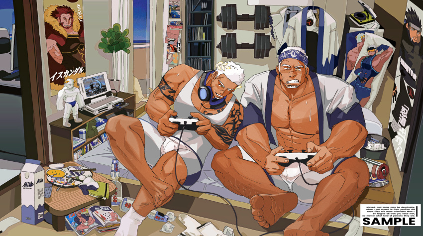 2boys ainu_clothes bamashengze bara bare_pectorals bedroom blush character_print clenched_teeth dakimakura_(object) dark-skinned_male dark_skin dumbbell facial_hair facing_ahead fate/grand_order fate_(series) feet feet_up figure goatee handheld_game_console headband headphones headphones_around_neck highres holding holding_handheld_game_console indie_virtual_youtuber iskandar_(fate) large_pectorals laurel_crown looking_at_bulge looking_at_crotch male_focus mature_male milk_carton multiple_boys muscular muscular_male naruto_(series) naruto_shippuuden otaku pectorals pillow playing_games poster_(object) rai_bolim real_life revision sarutobi_asuma self_character_print short_hair shorts sitting soles sparse_leg_hair sweat table tank_top teeth thick_eyebrows thick_thighs thighs virtual_youtuber white_shorts white_tank_top yaoi