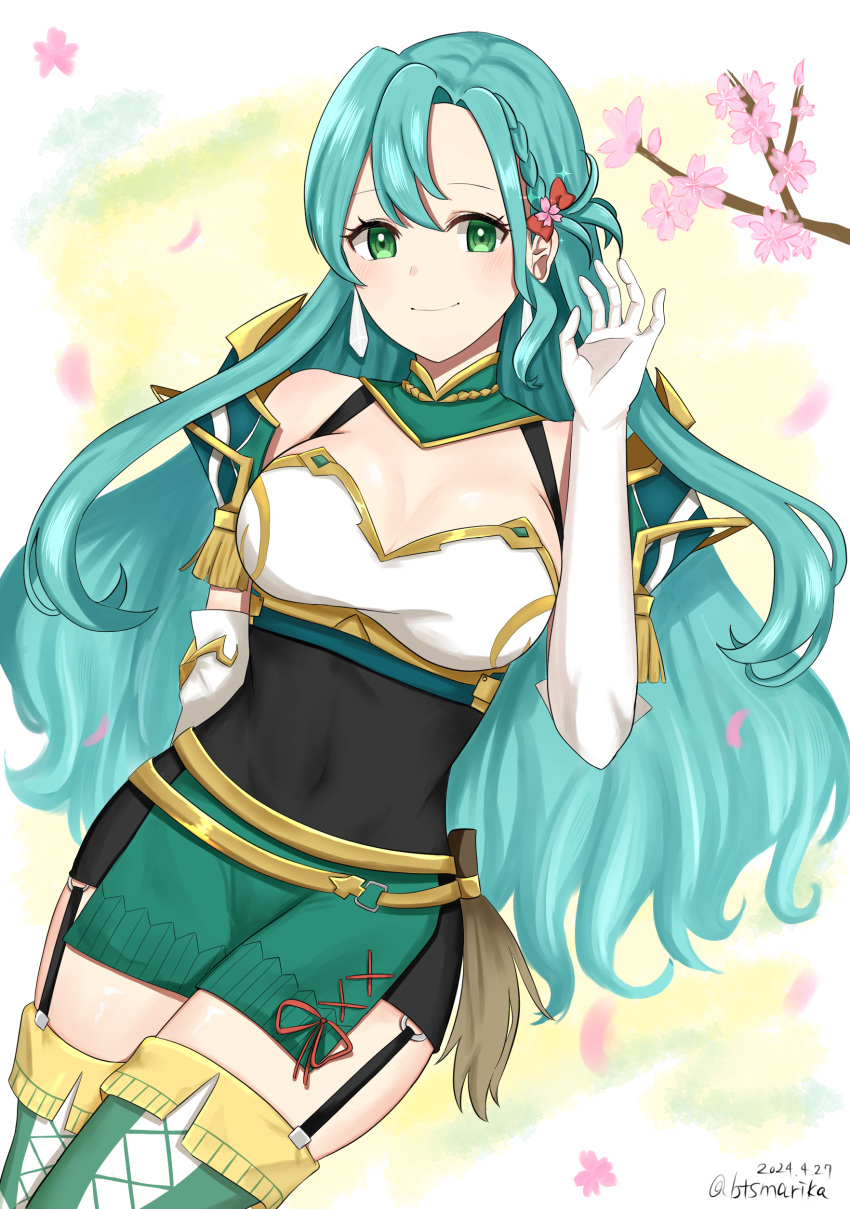 absurdres aqua_hair armor bare_shoulders black_dress breasts cherry_blossoms chloe_(fire_emblem) cleavage commentary_request covered_navel dress female fire_emblem fire_emblem_engage garter_straps gloves green_eyes green_skirt hand_up highres large_breasts long_hair looking_at_viewer otokajife pencil_dress petals short_dress shoulder_armor skirt smile solo thighhighs very_long_hair white_gloves