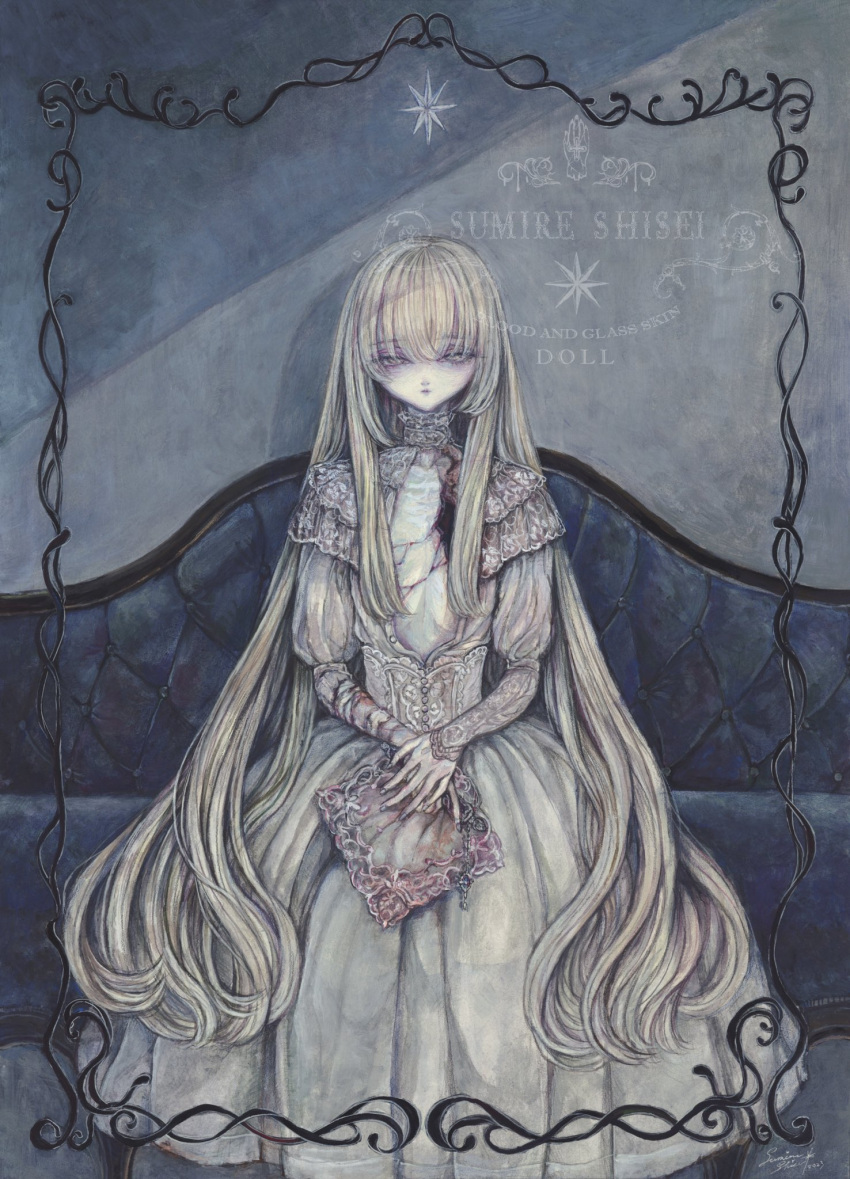 acrylic_paint_(medium) blonde_hair commentary_request couch cracked_skin doll dress expressionless female flat_chest highres hole_in_chest hole_on_body long_hair looking_at_viewer original painting_(medium) pale_skin sitting solo sumire_shisei traditional_media very_long_hair white_dress yellow_eyes