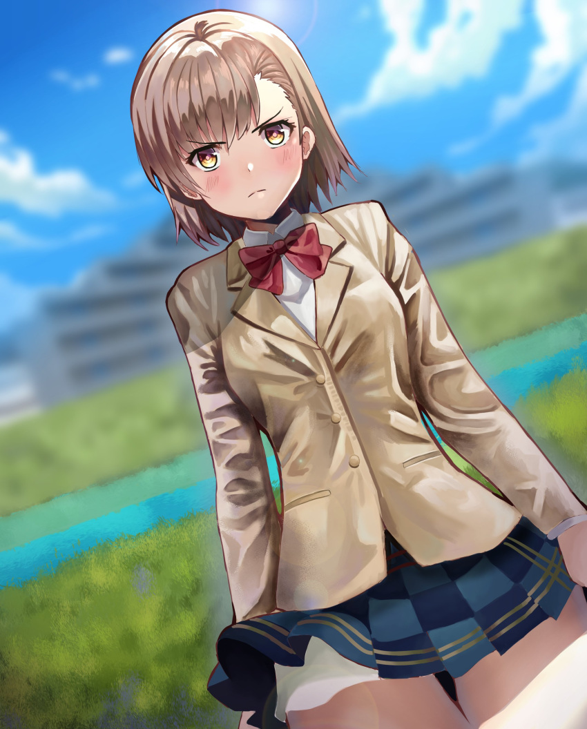 absurdres blazer blue_sky blurry blurry_background blush bow bowtie breasts brown_eyes brown_hair brown_jacket building closed_mouth clothes_lift cloud collared_shirt day female highres jacket long_sleeves medium_breasts medium_hair misaka_mikoto no_emblem outdoors plaid plaid_skirt pleated_skirt red_bow red_bowtie river saikunartworks school_uniform shirt short_shorts shorts shorts_under_skirt skirt skirt_lift sky solo standing thigh_gap toaru_kagaku_no_railgun toaru_majutsu_no_index tokiwadai_school_uniform white_shirt white_shorts wind wind_lift winter_uniform