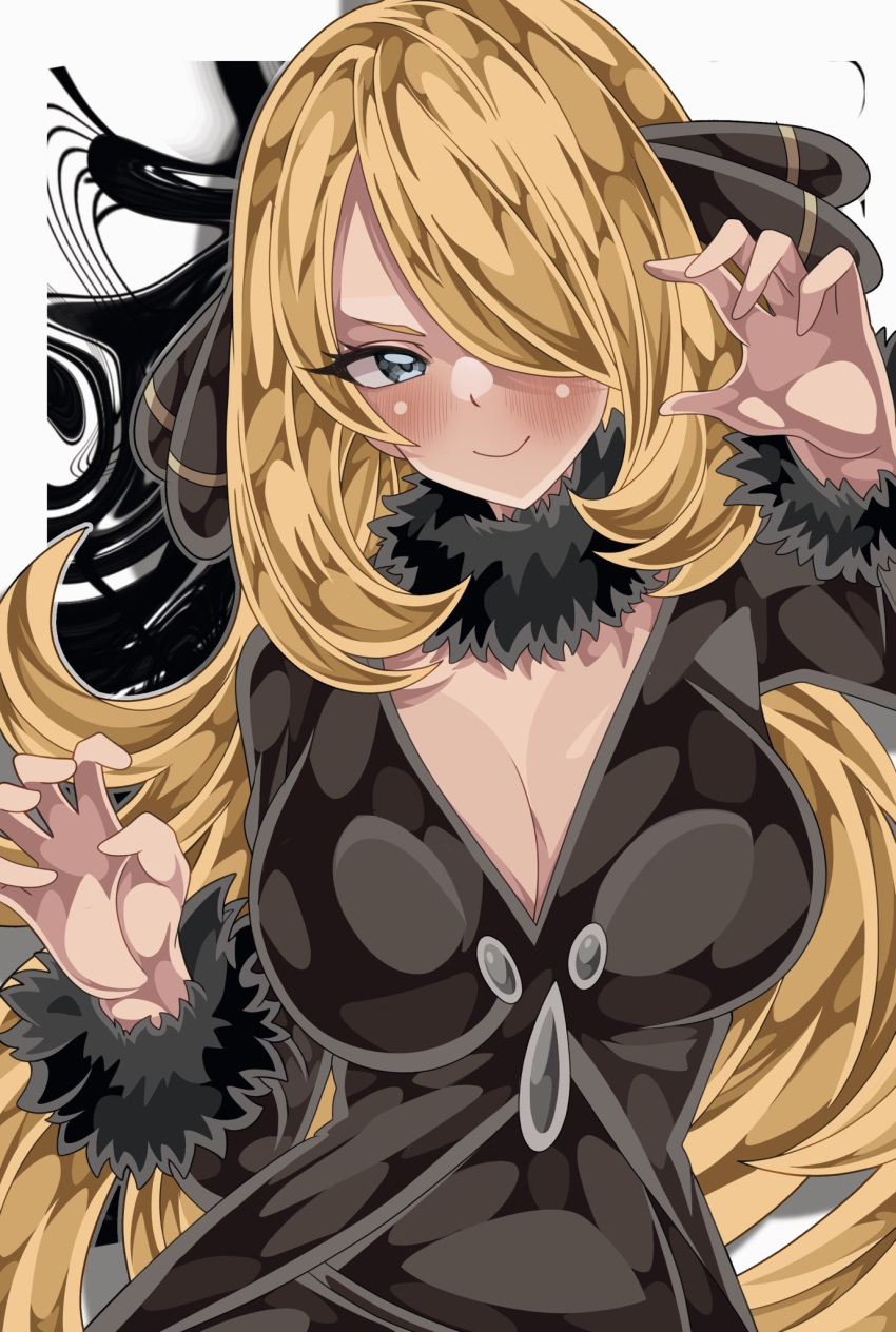 black_coat blonde_hair blush breasts claw_pose cleavage closed_mouth coat commentary_request cynthia_(pokemon) female fur_trim grey_eyes hair_ornament hair_over_one_eye highres large_breasts long_hair long_sleeves looking_at_viewer pokemon pokemon_dppt shiki_(kisikisi1007) smile solo very_long_hair