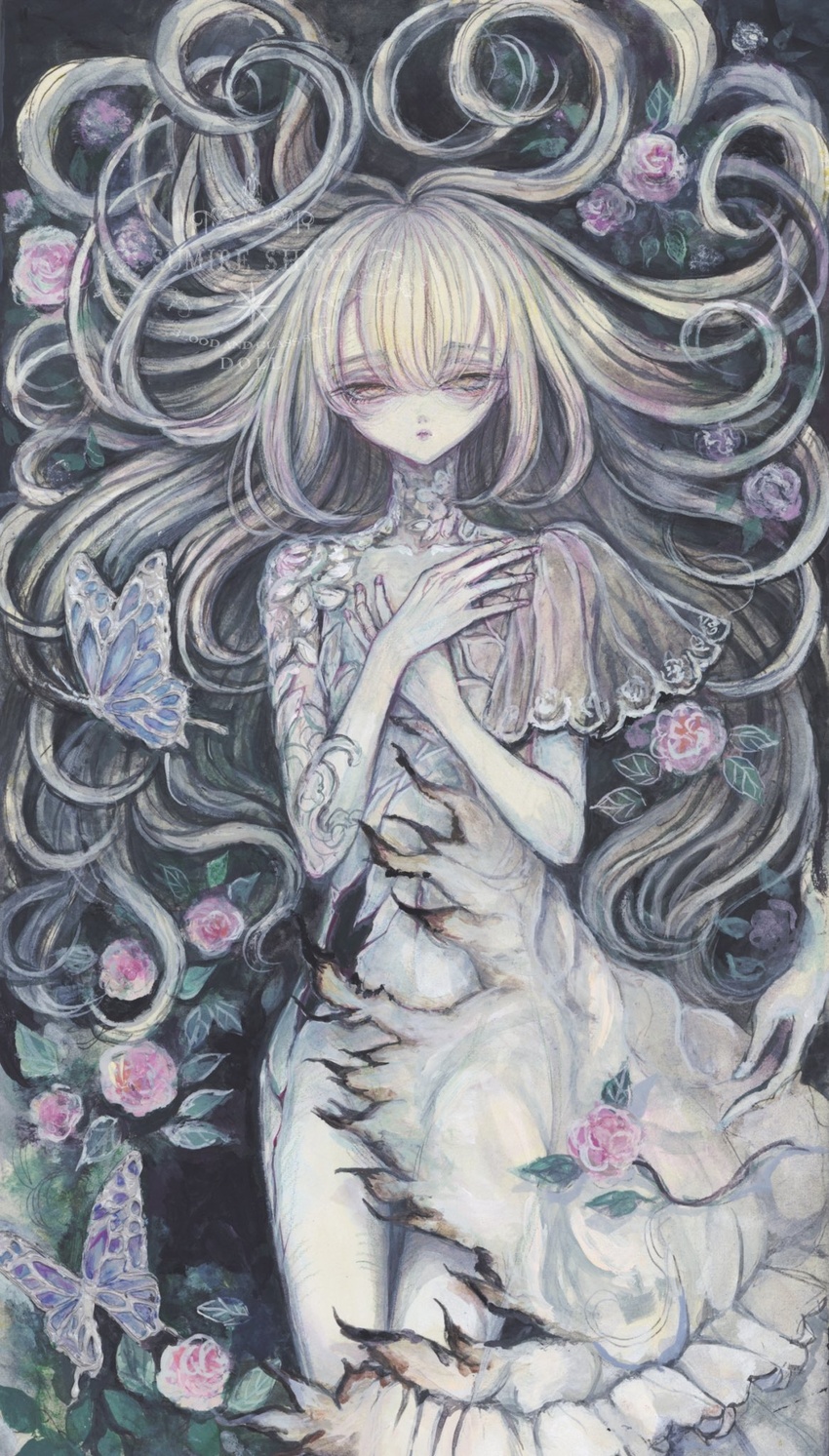 acrylic_paint_(medium) blonde_hair bug burnt_clothes butterfly commentary_request cracked_skin dress expressionless female flat_chest flower hair_spread_out hands_on_own_chest highres long_hair looking_at_viewer original painting_(medium) pale_skin pink_flower pink_rose rose solo sumire_shisei traditional_media very_long_hair yellow_eyes