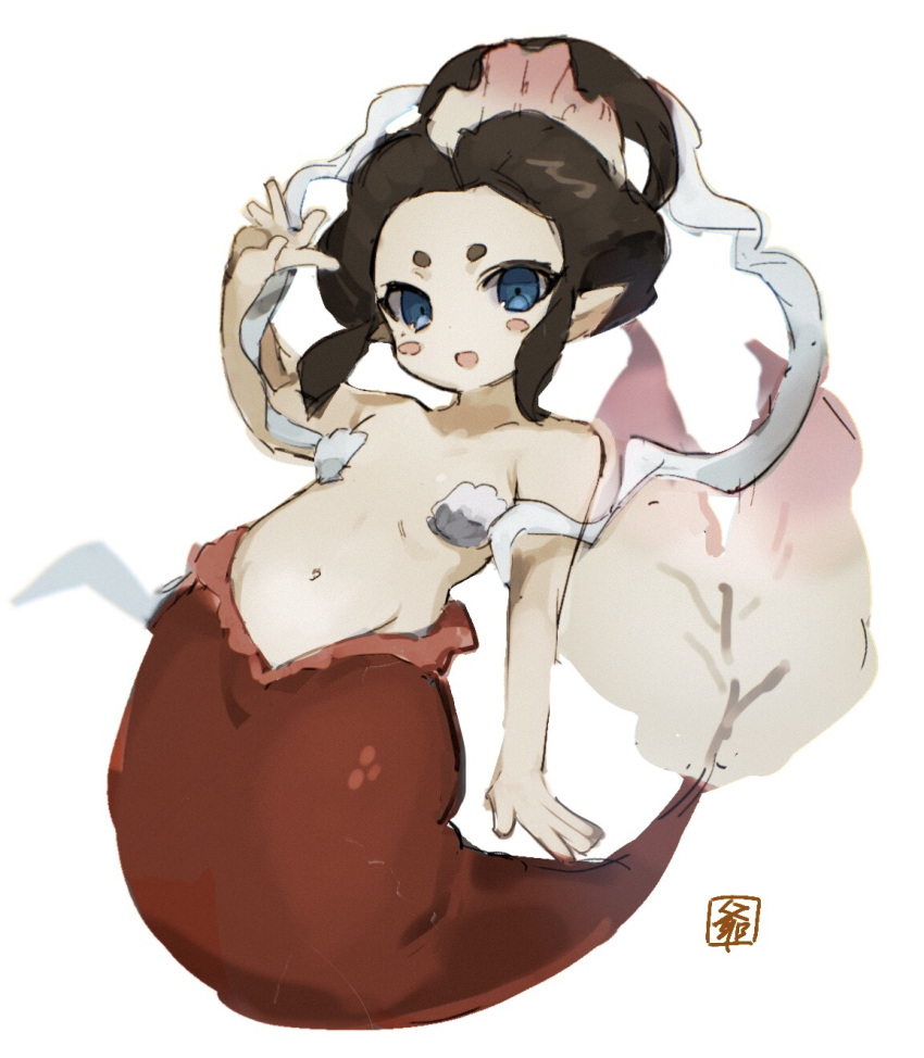 blue_eyes blush_stickers brown_hair female flat_chest highres kmnk_(kumanuko) looking_at_viewer mermaid monster_girl navel ningyo_(youkai_watch) open_mouth pointy_ears shell shell_bikini solo youkai_(youkai_watch) youkai_watch