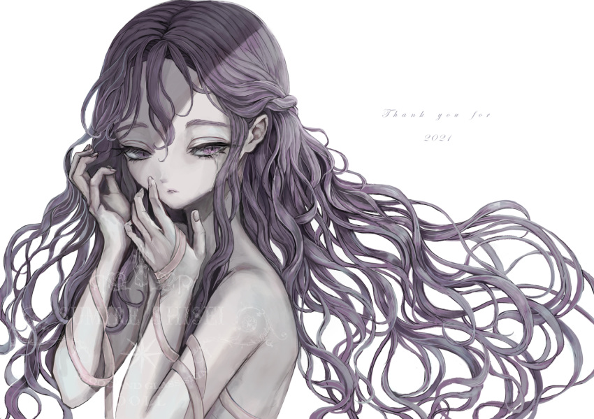 2021 arm_ribbon crying crying_with_eyes_open english_text expressionless female hand_on_own_face long_hair looking_at_viewer nude original parted_lips pink_ribbon purple_eyes purple_hair ribbon simple_background solo sumire_shisei tears upper_body wavy_hair white_background