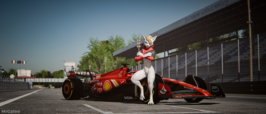 3d_(artwork) 7:3 anthro blender_(artwork) blender_cycles canid canine car clothed clothing detailed_background digital_media_(artwork) ferrari formula formula_1 formula_1_car fur hair hi_res hoodie looking_at_viewer male mammal markings mrgaleo outside race race_car race_track rexouium smile solo spots spotted_body spotted_fur topwear vehicle white_body white_fur