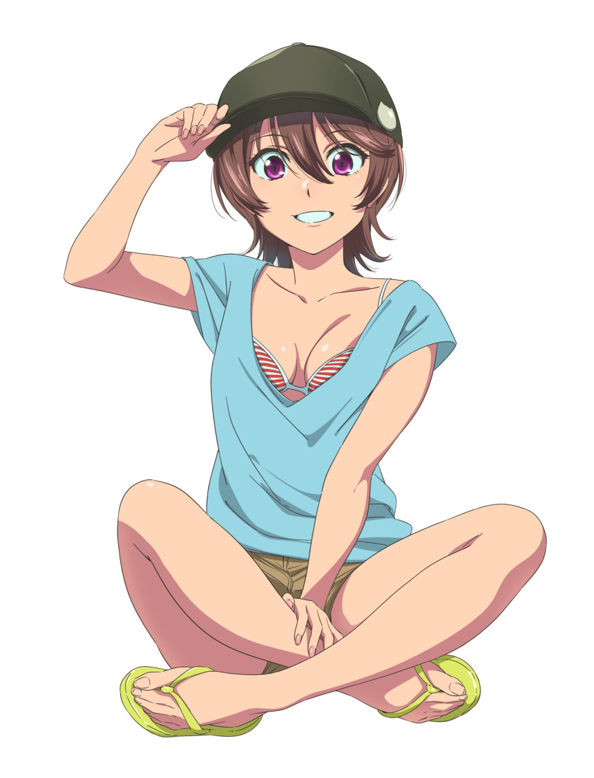 :d adjusting_clothes adjusting_headwear baseball_cap bikini bikini_under_clothes blue_shirt breasts breasts_apart brown_hair brown_shorts female flip-flops full_body green_footwear green_hat grin hand_on_lap hat highres indian_style looking_at_viewer low_neckline purple_eyes red_bikini sandals sano_keiichi shirt short_hair short_shorts short_sleeves shorts simple_background sitting smile solo strike_the_blood striped_bikini striped_clothes swimsuit tokoyogi_yuuma white_background white_bikini