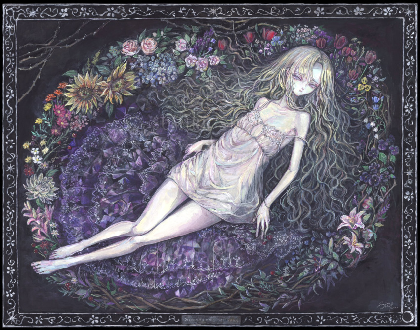 acrylic_paint_(medium) bare_shoulders barefoot blonde_hair commentary_request expressionless female flat_chest flower flower_wreath full_body highres long_hair looking_at_viewer nightgown original painting_(medium) pale_skin picture_frame purple_eyes rose solo sumire_shisei sunflower traditional_media wavy_hair