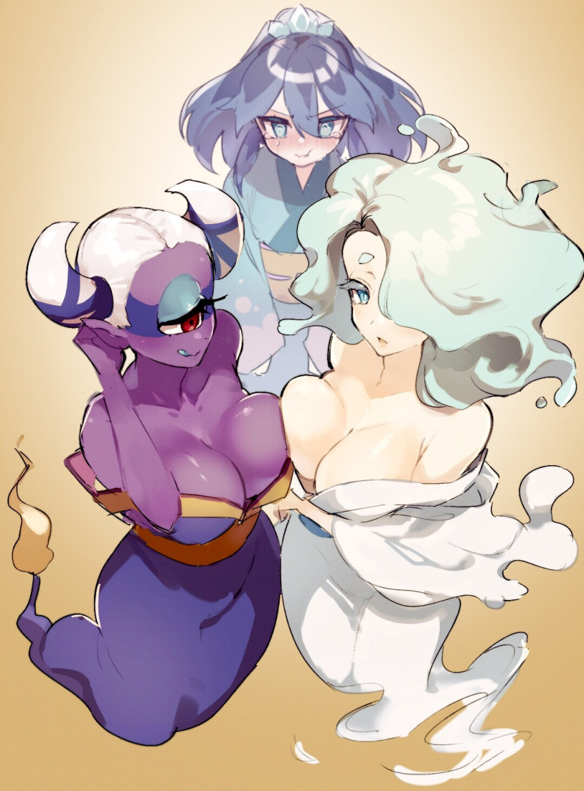 3girls aqua_eyes aqua_hair asymmetrical_docking bare_shoulders blue_hair blush breast_envy breast_press breasts cleavage colored_skin cyclops en'enra enraenra_(youkai_watch) flame-tipped_tail floating fubukihime fuumin_(youkai_watch) hair_horns hair_over_one_eye high_ponytail highres japanese_clothes kimono kmnk_(kumanuko) large_breasts licking_lips long_hair multicolored_hair multiple_girls off_shoulder one-eyed pointy_ears purple_skin red_eyes tears tongue tongue_out traditional_youkai two-tone_hair white_hair youkai_(youkai_watch) youkai_watch yuki_onna