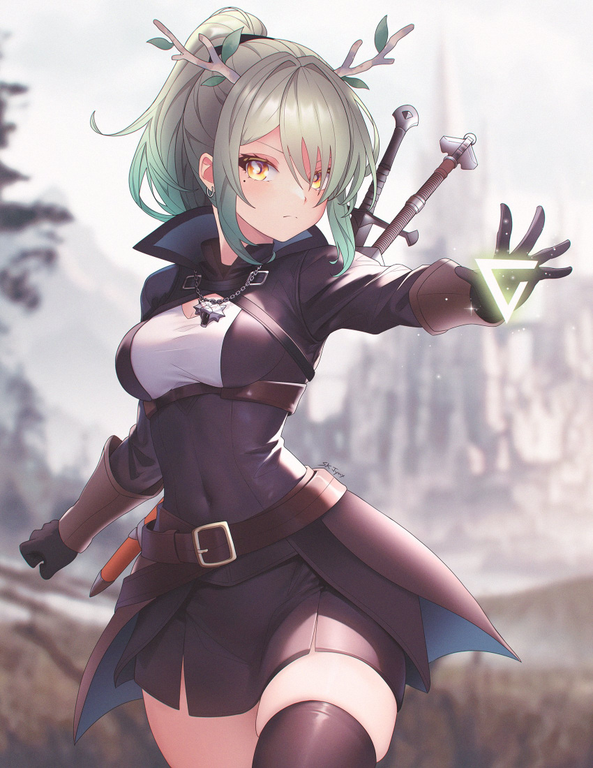 belt black_gloves black_skirt blurry blurry_background breasts ceres_fauna closed_mouth commentary covered_navel earrings english_commentary female frown gloves green_hair highres hololive hololive_english horns jewelry long_hair long_sleeves magic medium_breasts miniskirt mole mole_under_eye outdoors ponytail signature sk_jynx skirt solo sword sword_on_back the_witcher_(series) virtual_youtuber weapon weapon_on_back witcher_medallion yellow_eyes zettai_ryouiki