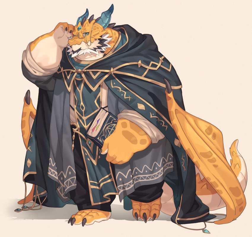 absurd_res anthro claws dragon european_mythology eyewear hi_res horn kemono magic_book male membrane_(anatomy) membranous_wings monocle mythological_creature mythological_scalie mythology scalie smile solo tail thick_tail western_dragon wings wizard_robe yed