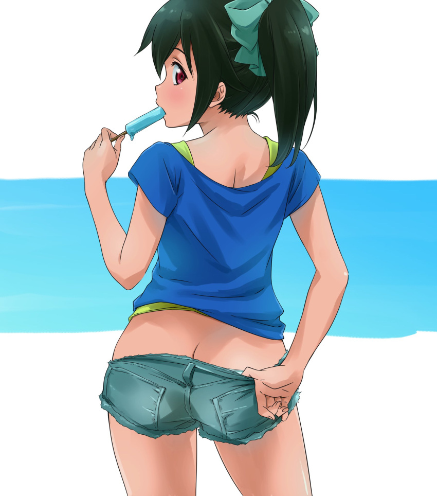 akatsuki_nagisa ass black_hair blue_background blue_shirt bow butt_crack cowboy_shot denim denim_shorts female food food_in_mouth from_behind green_bow green_shorts green_tank_top hairbow highres holding holding_food holding_popsicle lone_nape_hair looking_at_viewer looking_back panties panty_peek ponytail popsicle sano_keiichi shirt short_shorts short_sleeves shorts shorts_tug sidelocks sideways_glance solo strike_the_blood tank_top two-tone_background underwear white_background