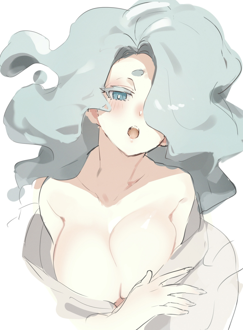 absurdres aqua_hair bare_shoulders blue_eyes blush breasts cleavage en'enra enraenra_(youkai_watch) female hair_over_one_eye highres huge_breasts japanese_clothes kimono kmnk_(kumanuko) long_hair looking_at_viewer monster_girl off_shoulder open_mouth solo traditional_youkai white_background youkai_(youkai_watch) youkai_watch