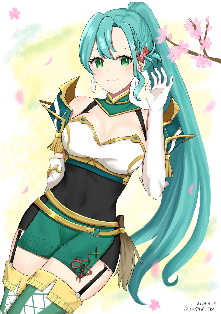 absurdres alternate_hairstyle aqua_hair armor bare_shoulders black_dress breasts cherry_blossoms chloe_(fire_emblem) cleavage commentary_request covered_navel dress female fire_emblem fire_emblem_engage garter_straps gloves green_eyes green_skirt hand_up highres large_breasts long_hair looking_at_viewer otokajife pencil_dress petals ponytail short_dress shoulder_armor skirt smile solo thighhighs very_long_hair white_gloves