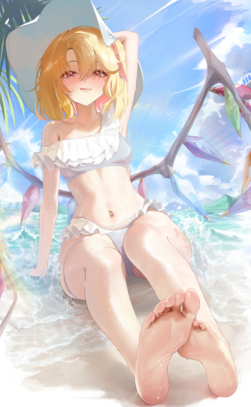 absurdres alternate_costume arm_support arm_up bare_legs barefoot bikini blonde_hair blue_sky blush breasts commentary crystal_wings feet female flandre_scarlet foot_focus frilled_bikini frills hat highres licking_lips looking_at_viewer medium_hair mookie_(e_mook9) navel ocean outdoors red_eyes shallow_water sitting sky small_breasts smile soles solo stomach sun_hat swimsuit toes tongue tongue_out touhou water white_bikini white_hat wide_hips