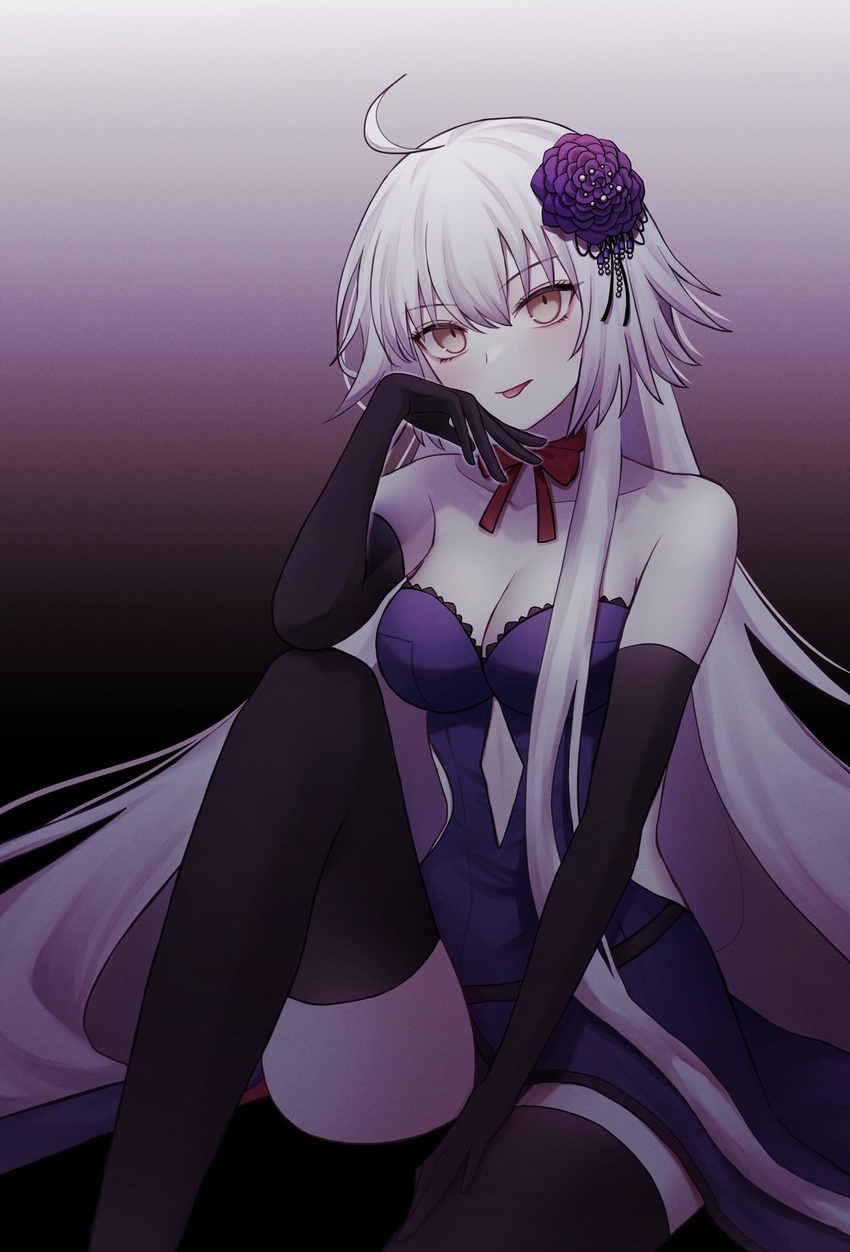 ahoge bare_shoulders black_gloves black_thighhighs breasts cleavage dress elbow_gloves fate/grand_order fate_(series) female gloves highres jeanne_d'arc_alter_(avenger)_(fate) jeanne_d'arc_alter_(fate) jeanne_d'arc_alter_(holy_night_supper)_(fate) large_breasts long_hair looking_at_viewer purple_dress roro_982 sitting smile solo thighhighs tongue tongue_out very_long_hair yellow_eyes