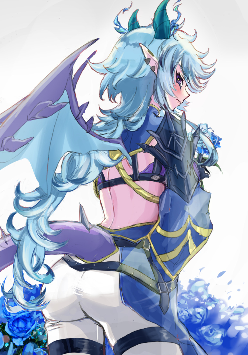 armor ass blue_hair centur-ion_atry commentary_request dragon_girl dragon_horns dragon_tail dragon_wings duel_monster female hands_on_own_hips highres horns long_hair messy_hair noppe pants pointy_ears purple_eyes shoulder_armor solo tail white_pants wings yu-gi-oh!