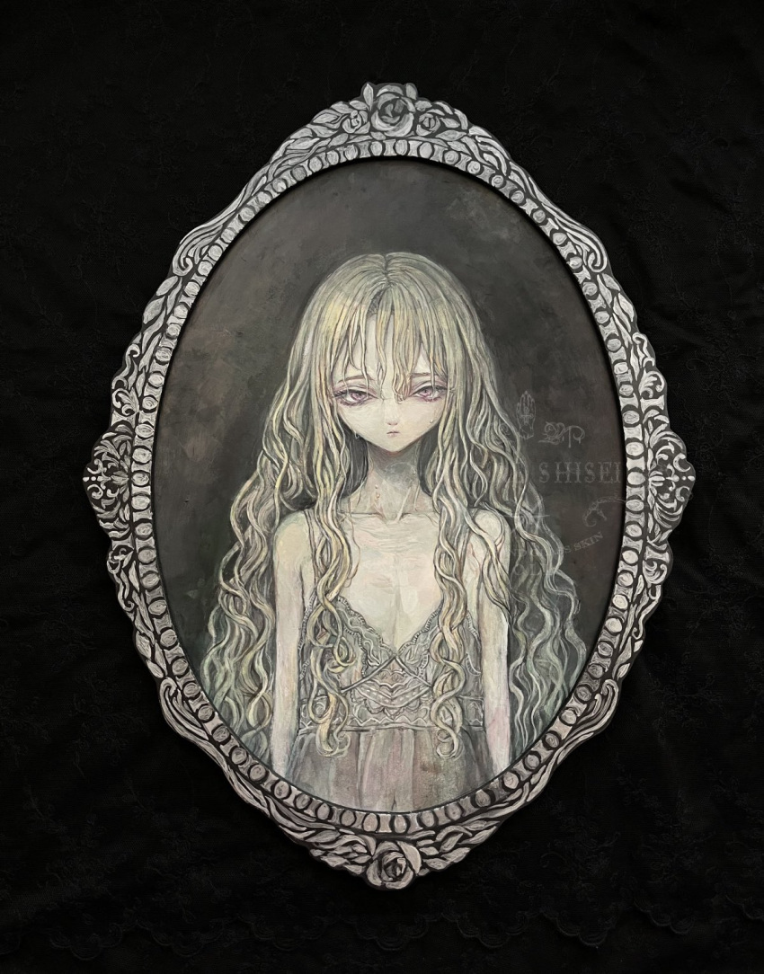 acrylic_paint_(medium) bare_shoulders blonde_hair collarbone commentary_request expressionless female flat_chest highres long_hair looking_at_viewer nightgown original painting_(medium) pale_skin photo_(medium) picture_frame pink_eyes solo sumire_shisei traditional_media wavy_hair wet white_nightgown