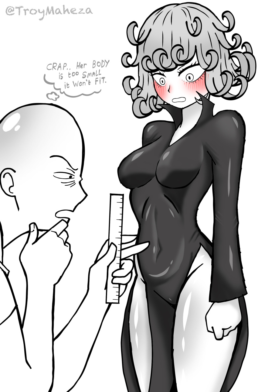 1boy absurdres bald blush breasts commentary covered_navel dress english_commentary english_text female greyscale highres holding_ruler long_dress medium_breasts medium_hair monochrome one-punch_man penis_measuring petite pointing saitama_(one-punch_man) side_slit spot_color tatsumaki thought_bubble troymaheza twitter_username