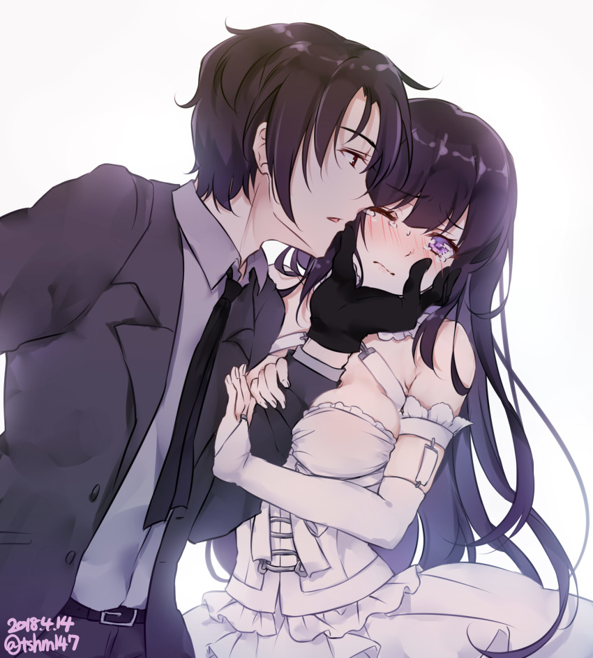 1boy absurdres bare_shoulders black_gloves black_hair breasts business_suit commentary_request dated detached_sleeves female formal gloves highres long_hair medium_breasts necktie one_eye_closed original purple_eyes simple_background suit tearing_up tomashuu twitter_username