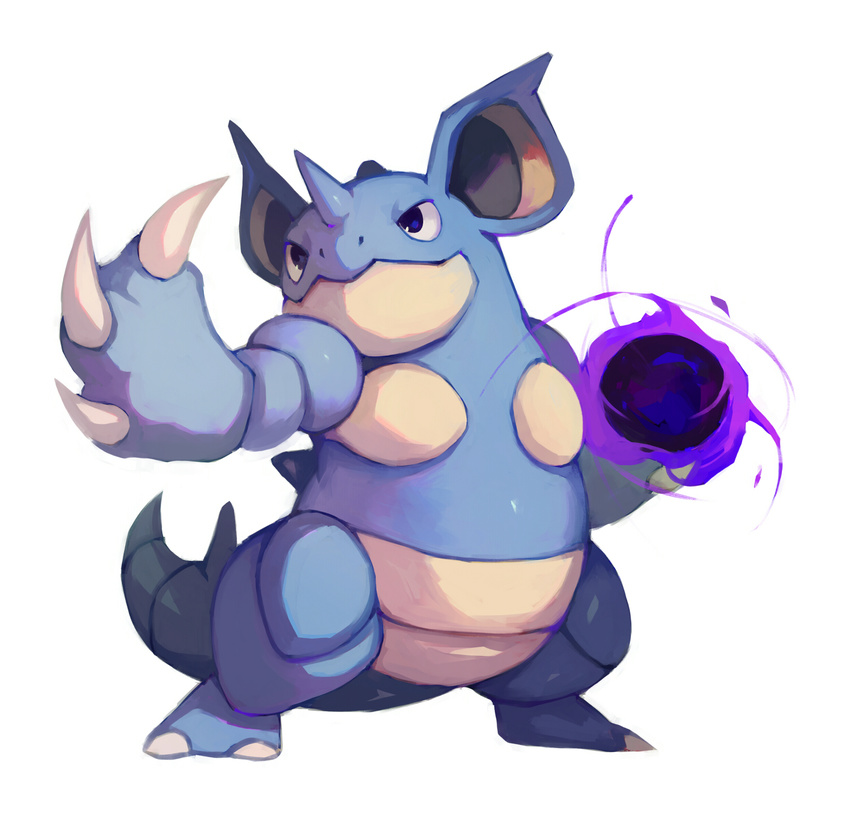 2016 blue_eyes bluekomadori claws energy female feral generation_1_pokemon hi_res horn nidoqueen nintendo pokemon pokemon_(species) pokemon_move shadow_ball simple_background solo