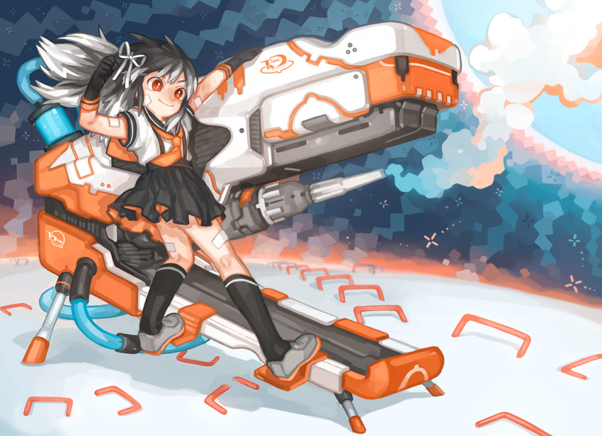 absurdres bad_id bad_pixiv_id black_gloves black_hair black_socks female gloves gradient_hair hair_ribbon highres kneehighs mecha multicolored_hair orange_eyes original ribbon robot sailor_collar school_uniform skirt smoke socks solo staple stapler suspender_skirt suspenders yai_(hachihito)