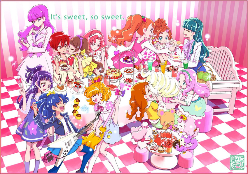 6+girls :d akagi_towa amanogawa_kirara arisugawa_himari aroma_(go!_princess_precure) asahina_mirai bear bench bird blonde_hair blue_eyes blue_hair border braid broom brown_eyes brown_hair cake canine closed_eyes coat commentary_request crown_braid dress eating english_text food go!_princess_precure green_eyes guitar hairband half_updo hanami_kotoha haruno_haruka in-franchise_crossover instrument izayoi_liko jacket kaidou_minami kamikita_futago kenjou_akira kirakira_precure_a_la_mode kotozume_yukari licking licking_another's_cheek licking_another's_face long_hair long_sleeves mahou_girls_precure! mofurun_(mahou_girls_precure!) multiple_girls official_art open_mouth orange_hair pekorin_(precure) pie pink_hair ponytail precure pudding puff_(go!_princess_precure) puffy_short_sleeves puffy_sleeves purple_eyes purple_hair red_eyes red_hair short_hair short_sleeves skirt smile sparkle stuffed_animal stuffed_toy surprised sweets tategami_aoi teddy_bear twin_braids twintails unconventional_guitar usami_ichika