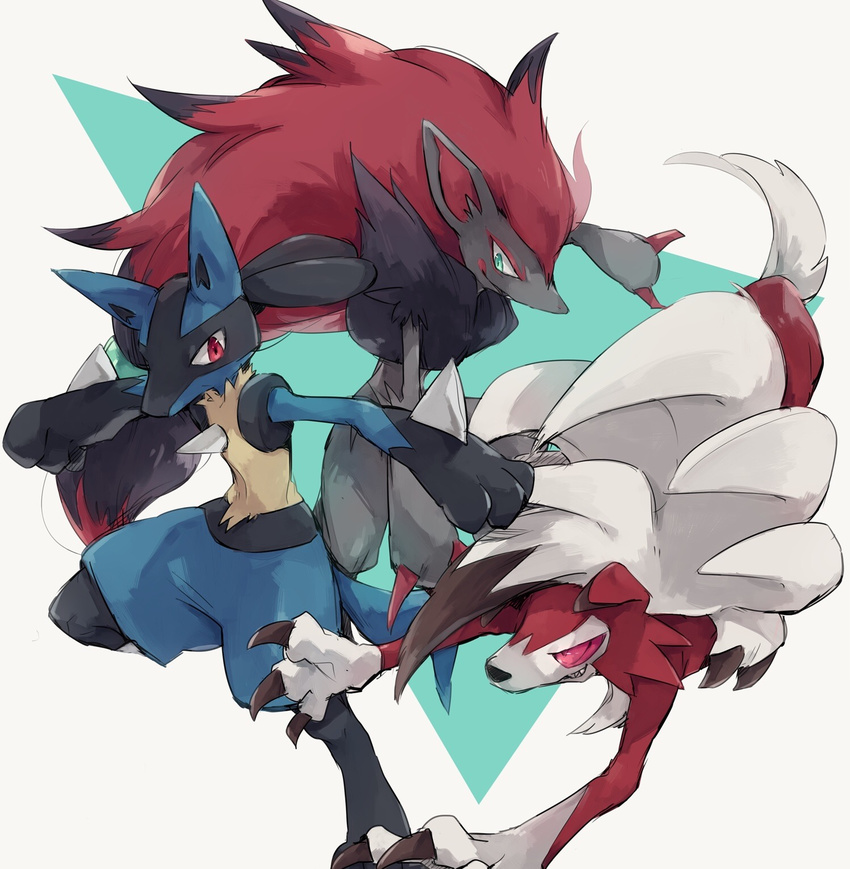 aqua_eyes bad_id bad_pixiv_id canine eye_contact furry highres looking_at_another lucario lycanroc lycanroc_(midnight) pink_eyes pokemon pokemon_(creature) red_eyes takase_(takase1214) zoroark