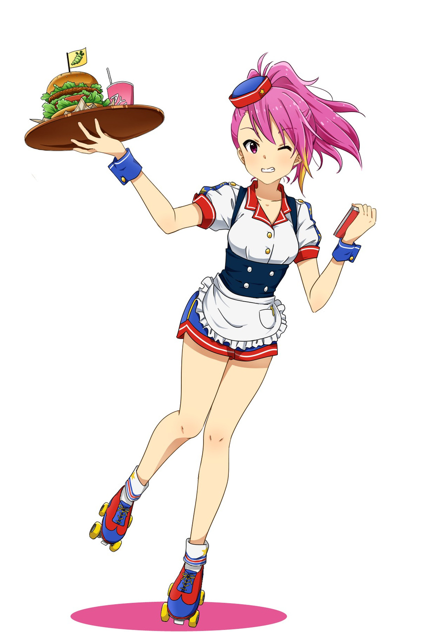 apron blonde_hair burger burger_skater_(idolmaster) commentary_request female food full_body grin hat highres idolmaster idolmaster_million_live! koiwai_ringo looking_at_viewer maihama_ayumu mini_hat multicolored_hair one_eye_closed pink_eyes pink_hair ponytail roller_skates simple_background skates smile solo tray underbust waitress