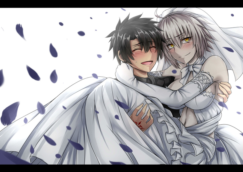 1boy :d ^_^ ahoge alternate_costume armpits bare_shoulders black_hair blush breasts bridal_veil bride carrying choker closed_eyes closed_mouth command_spell commentary_request couple dress elbow_gloves fate/grand_order fate_(series) female fujimaru_ritsuka_(male) fujimaru_ritsuka_(male)_(royal_brand) gloves grey_hair groom hair_between_eyes highres jeanne_d'arc_alter_(avenger)_(fate) jeanne_d'arc_alter_(fate) large_breasts letterboxed looking_at_viewer midriff navel open_mouth pale_skin petals princess_carry ribbon ribbon_choker sanmoto_gorouzaemon short_hair smile spiked_hair stomach straight veil wedding_dress white_dress white_gloves white_ribbon yellow_eyes