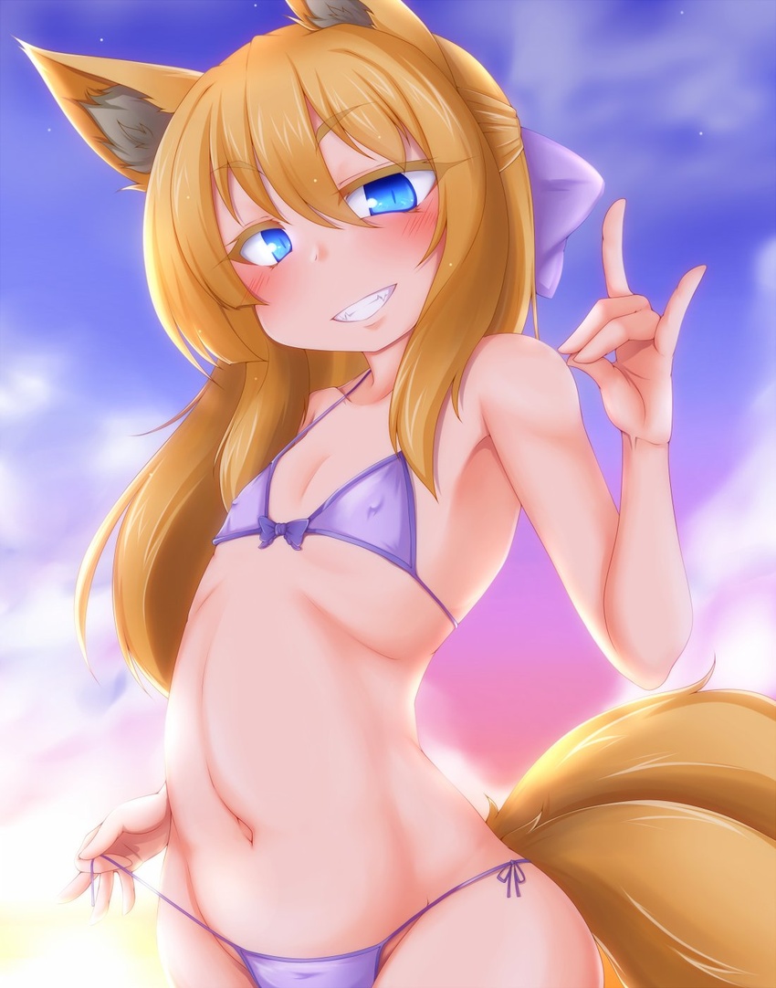 adjusting_clothes adjusting_swimsuit animal_ears bella1202 bikini blonde_hair blue_eyes blush bow commentary_request covered_nipples female flat_chest fox_ears fox_shadow_puppet fox_tail hairbow highres long_hair looking_at_viewer navel original outdoors purple_bikini purple_bow side-tie_bikini_bottom smile solo swimsuit tail