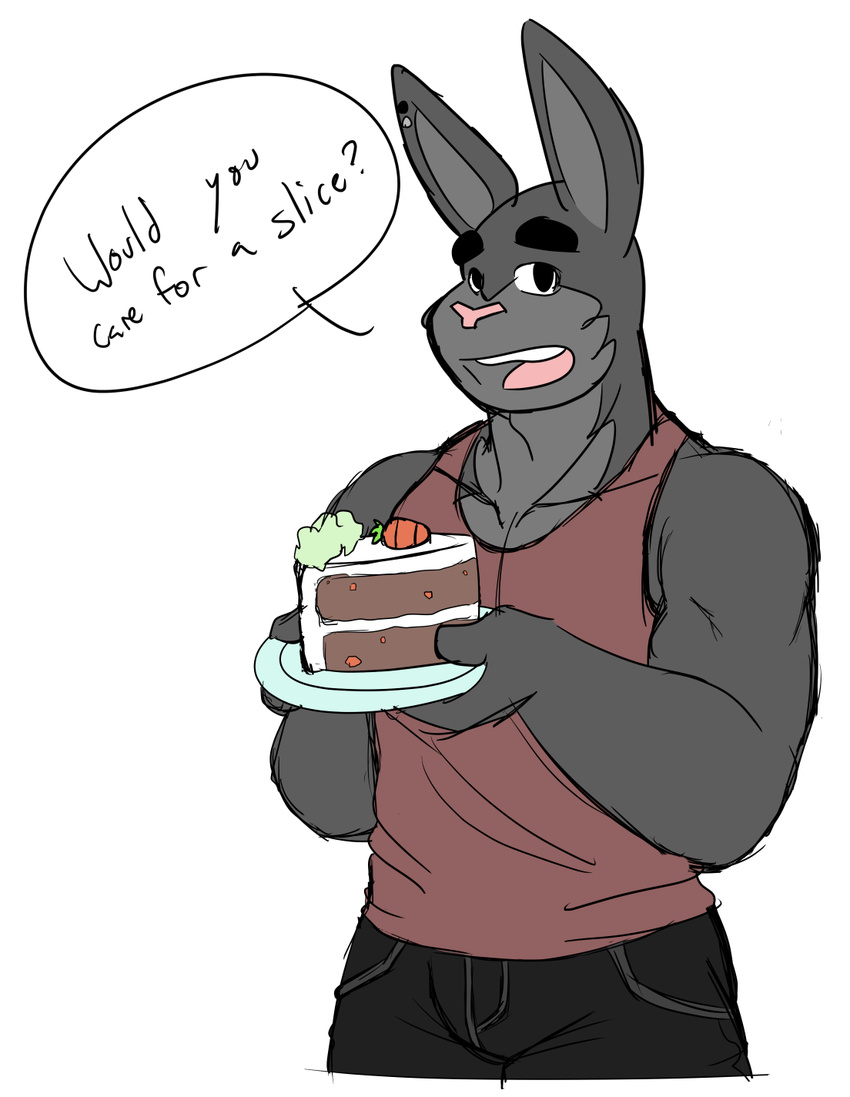 anthro biceps black_eyebrows bottomwear cake carrot clothed clothing denim denim_bottomwear denim_clothing dessert ear_piercing english_text eyebrows food fully_clothed fur grey_body grey_fur hi_res holding_food holding_object jason_pratt_(vrart1) jeans lagomorph leporid male mammal muscular muscular_anthro muscular_male open_mouth pants pecs piercing plant rabbit shirt simple_background solo tank_top text thick_eyebrows topwear vegetable vrart1