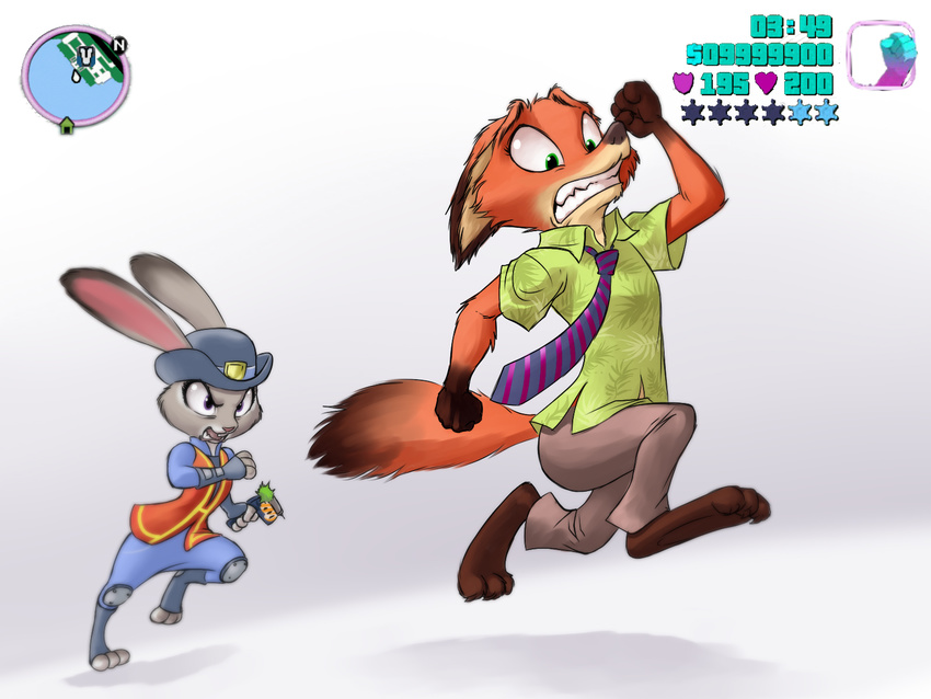 4:3 anthro canid canine chochi clothing countershading disney duo female flat_chested footwear fox fuck_the_police grand_theft_auto green_eyes gun hat headgear headwear hi_res judy_hopps lagomorph legwear leporid male mammal necktie nick_wilde paws police rabbit ranged_weapon red_fox rockstar_games running sedatives socks thief toeless_footwear toeless_socks tranquilizer true_fox weapon zootopia