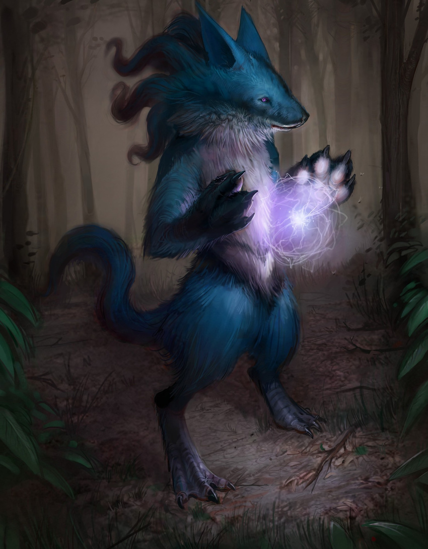 ambiguous_gender anthro aura_sphere blue_body blue_fur canid canine chest_tuft creepy detailed_background electricity energy_ball forest fur generation_4_pokemon hi_res lucario mammal nintendo outside plant pokemon pokemon_(species) pokemon_move solo soupandbutter tree tuft wood