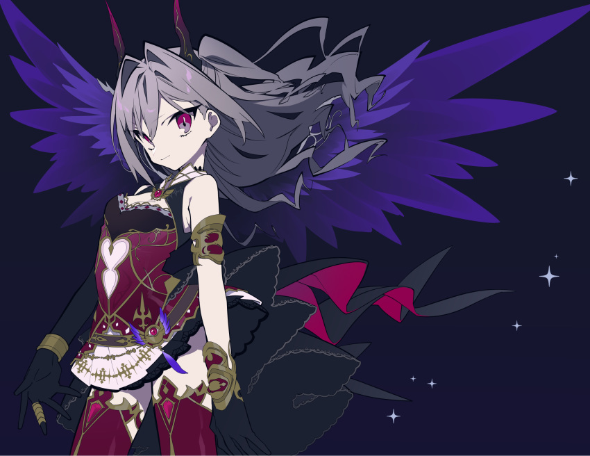 bad_id bad_pixiv_id bare_shoulders black_background black_gloves breasts cleavage commentary_request elbow_gloves female framed_breasts framed_cleavage gloves grey_hair highres horns idolmaster idolmaster_cinderella_girls kanzaki_ranko long_hair looking_at_viewer mochizuki_kei purple_eyes purple_thighhighs simple_background smile solo thighhighs twintails wings