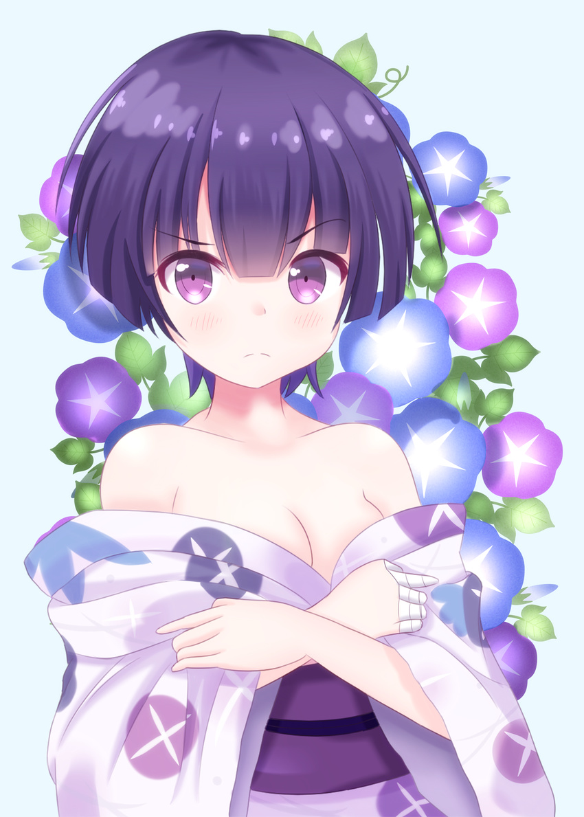 amasajithira bandaged_fingers bandages bare_shoulders blush breasts cleavage commentary_request eromanga_sensei female flower highres japanese_clothes kimono looking_at_viewer medium_breasts morning_glory purple_eyes purple_hair senju_muramasa short_hair solo