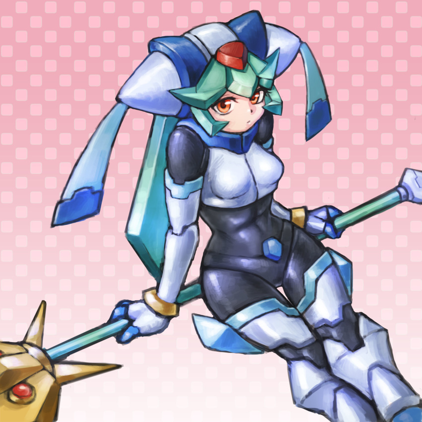 android bad_id bad_pixiv_id bodysuit bracelet breasts commentary_request drill_(emilio) female green_hair helmet highres holding holding_staff jewelry legs_together looking_at_viewer looking_to_the_side medium_breasts mega_man_(series) mega_man_zx model_w_(mega_man) object_riding orange_eyes pandora_(mega_man) patterned_background photoshop_(medium) polka_dot polka_dot_background sitting skin_tight spandex staff tight_clothes