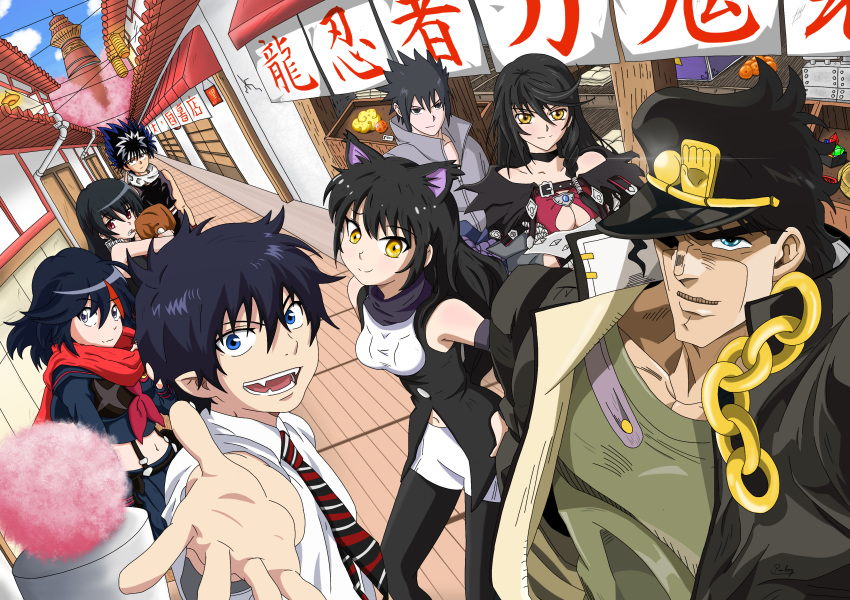 4boys 4girls absurdres akame_(akame_ga_kill!) akame_ga_kill! animal_ears ao_no_exorcist bare_shoulders black_eyes black_hair blake_belladonna blue_eyes breasts cat_ears chains cleavage color_connection commentary crossover curly_hair detached_sleeves eating english_commentary fangs festival food gakuran hair_color_connection hat hiei_(yu_yu_hakusho) highres jacket jojo_no_kimyou_na_bouken kill_la_kill kujo_jotaro long_hair matoi_ryuuko meat medium_breasts midriff multicolored_hair multiple_boys multiple_crossover multiple_girls naruto naruto_(series) naruto_shippuuden navel necktie ninja okumura_rin open_collar open_mouth outdoors pantyhose red_eyes reyfearspsychosis rwby scarf school_uniform senketsu short_hair skirt smile stardust_crusaders suspender_skirt suspenders tales_of_(series) tales_of_berseria teeth trait_connection uchiha_sasuke velvet_crowe yellow_eyes yu_yu_hakusho