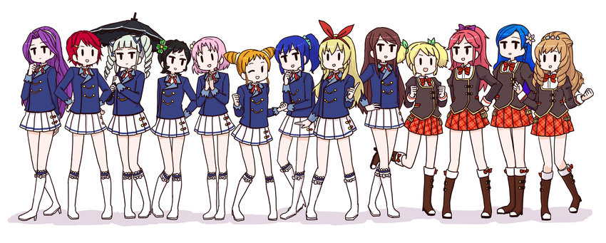 6+girls aikatsu! aikatsu!_(series) arisugawa_otome black_hair blonde_hair blue_hair boots bow brown_hair commentary_request cone_hair_bun dai-oki dream_academy_school_uniform drill_hair flower hair_bun hair_flower hair_ornament hairband hairbow highres himesato_maria hoshimiya_ichigo ichinose_kaede idol kamiya_shion kanzaki_mizuki kazesawa_sora kiriya_aoi kitaoji_sakura long_hair mole mole_under_mouth multiple_girls one_eye_closed orange_hair otoshiro_seira pink_hair purple_hair red_hair ribbon saegusa_kii school_uniform scrunchie shibuki_ran silver_hair starlight_academy_school_uniform todo_yurika twin_drills