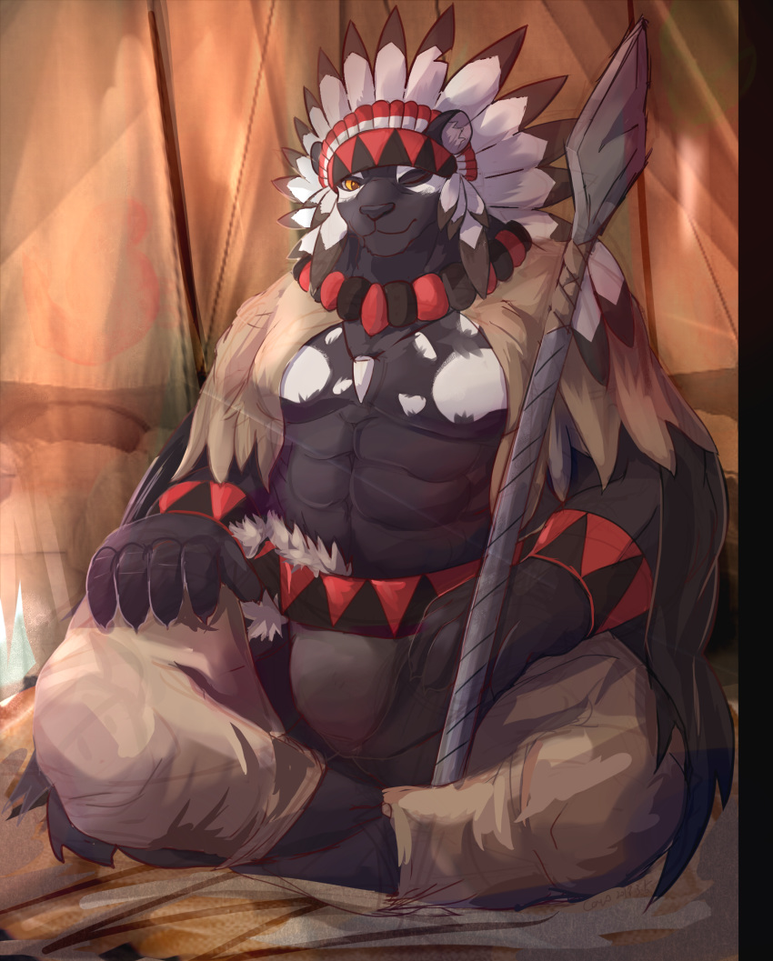 2018 5_fingers abs absurd_res anthro belt black_body black_claws black_fur brown_eyes chaps claws cloak clothing crossed_legs digital_media_(artwork) fd-caro feathered_headdress felid fingers fur headdress hi_res inside jewelry kemono male mammal melee_weapon muscular muscular_anthro muscular_male native_american necklace one_eye_closed pantherine pecs polearm signature sitting solo spear tattoo tent weapon wink yellow_sclera