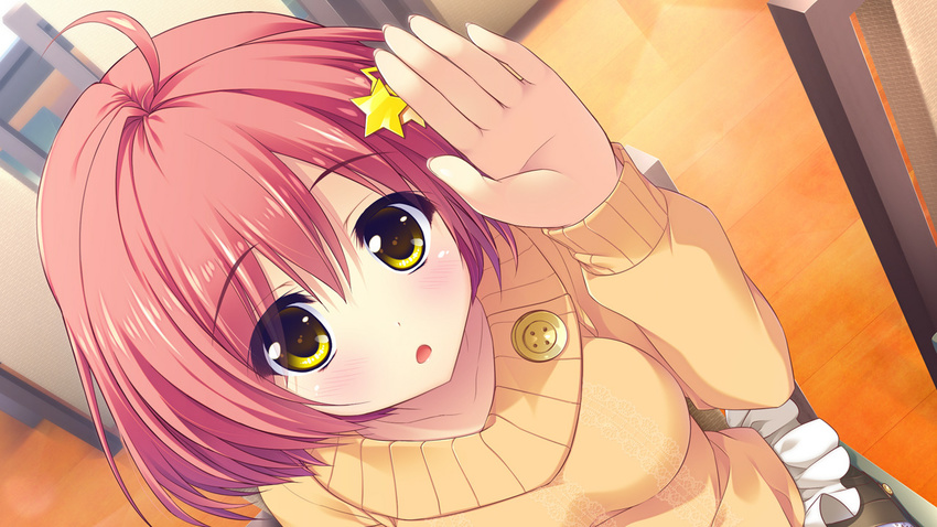 ameto_yuki antenna_hair blush breasts chair doumyouji_moemi female female from_above game_cg highres large_breasts looking_at_viewer open_mouth pure_x_connect raised_hand red_hair short_hair sitting skirt solo wooden_floor yellow_eyes