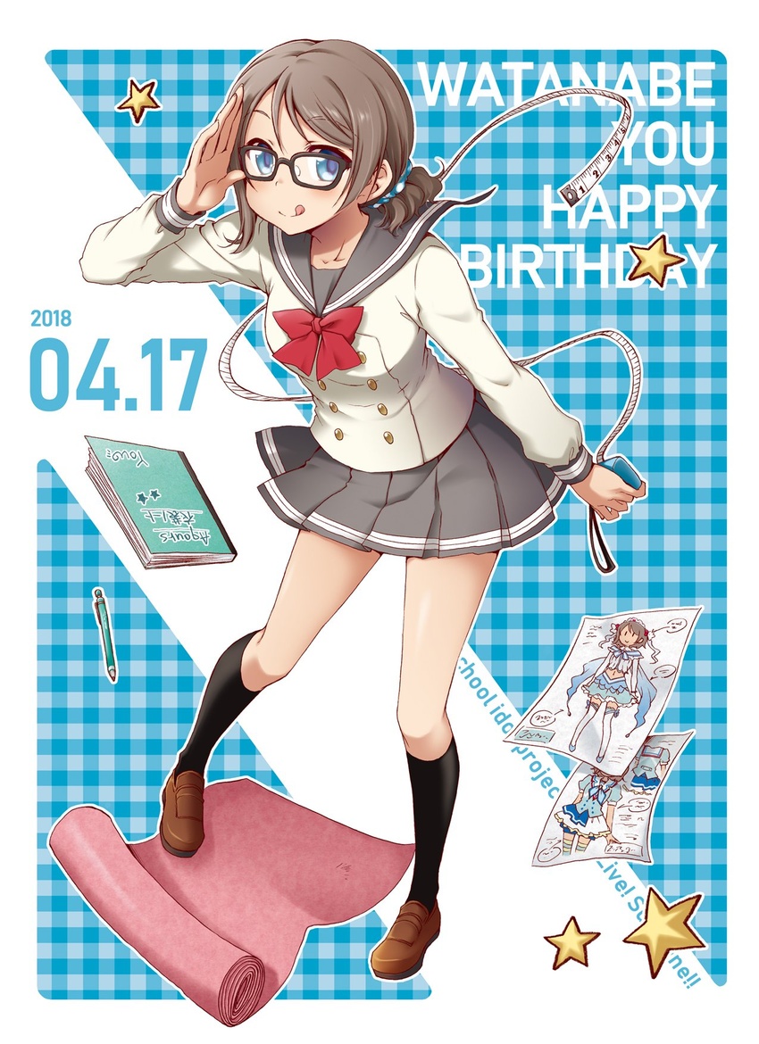 :q aozora_jumping_heart ayami_chiha black-framed_eyewear black_socks blue_eyes blue_scrunchie bow bowtie brown_footwear buttons character_name commentary_request copyright_name dated double-breasted drawing fabric female full_body glasses grey_hair grey_skirt happy_birthday highres kneehighs koi_ni_naritai_aquarium loafers long_sleeves looking_at_viewer love_live! love_live!_sunshine!! mechanical_pencil notebook pencil plaid plaid_background pleated_skirt polka_dot polka_dot_scrunchie ponytail red_bow red_bowtie salute school_uniform scrunchie serafuku shoes skirt socks solo standing star_(symbol) tape_measure tongue tongue_out uranohoshi_school_uniform watanabe_you