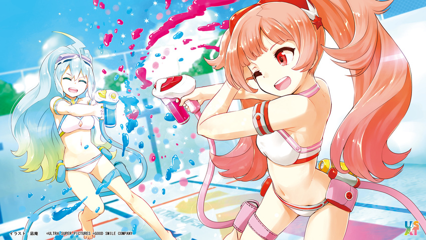 2girls :d ;d ^_^ ahoge aqua_hair artist_name barefoot bikini closed_eyes company_name day empty_pool end_card gradient_hair highres holster multicolored_hair multiple_girls nagian navel one_eye_closed open_mouth paintball photoshop_(medium) pool red_eyes red_hair smile sumako_(ultra_super_anime_time) supika_(ultra_super_anime_time) swimsuit thigh_holster thigh_strap ultra_super_anime_time water_gun