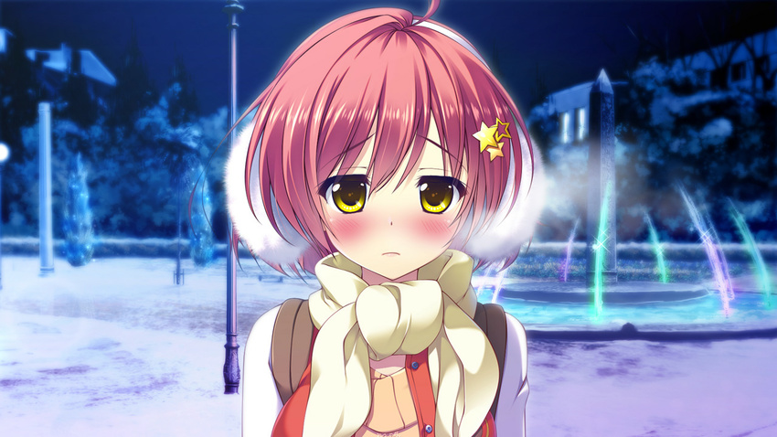 ameto_yuki blush doumyouji_moemi earmuffs female fountain game_cg highres looking_at_viewer night pure_x_connect red_hair sad scarf short_hair sky solo standing tree trees upper_body water yellow_eyes