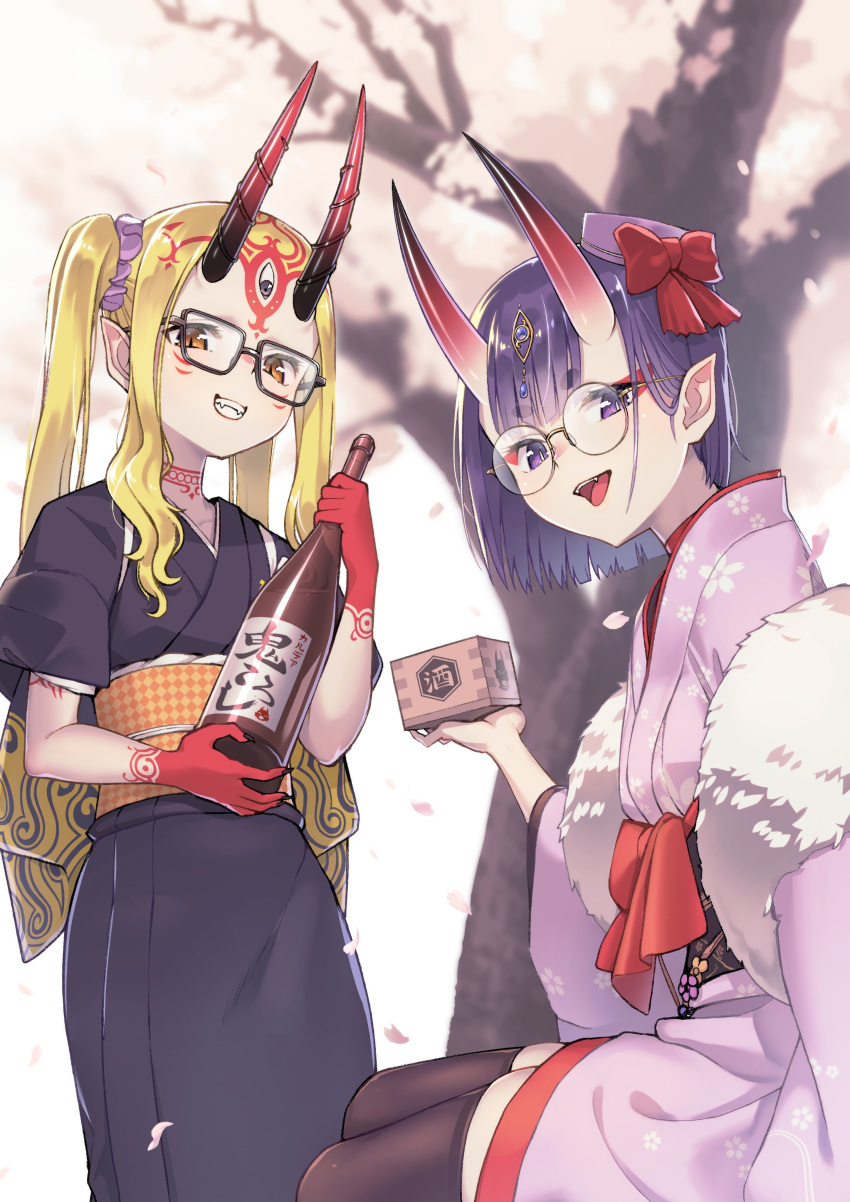 2girls :d absurdres alcohol bespectacled black-framed_eyewear black_kimono black_legwear blonde_hair bottle bow brown_eyes commentary_request facial_mark fangs fate/grand_order fate_(series) floral_print fur_trim glasses grin hair_ornament hair_scrunchie hat highres holding holding_bottle horns ibaraki_douji_(dress_for_demons)_(fate) ibaraki_douji_(fate) japanese_clothes kimono long_hair long_sleeves looking_at_viewer masu mini_hat multiple_girls oni open_mouth outdoors petals pink_hat pink_kimono pointy_ears print_kimono purple_eyes purple_hair purple_scrunchie red_bow round_eyewear sake sake_bottle saruchitan scrunchie short_hair short_kimono shuten_douji_(dress_for_demons)_(fate) shuten_douji_(fate) sidelocks sitting skin-covered_horns smile standing tasuki thick_eyebrows thighhighs tree twintails wide_sleeves