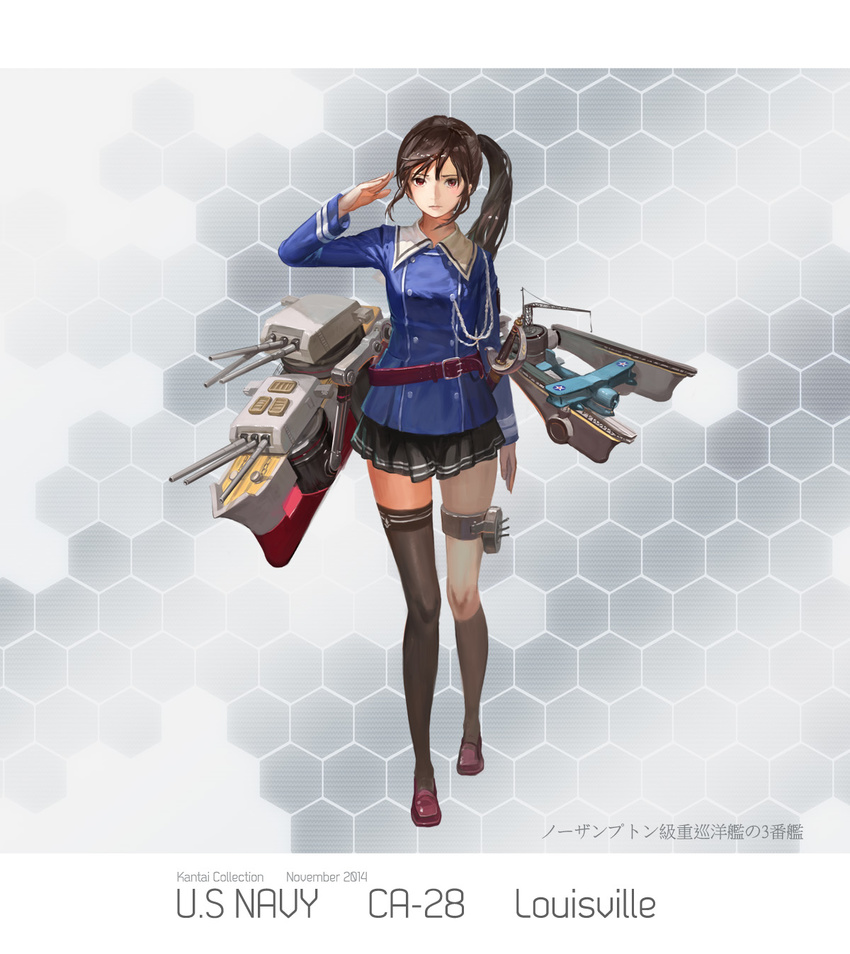 2014 aiguillette aircraft airplane artist_name black_skirt black_thighhighs brown_hair buttons character_name commentary_request copyright_name double-breasted female full_body highres honeycomb_(pattern) honeycomb_background jeanex kantai_collection long_hair long_sleeves louisville_(pacific) machinery military military_uniform miniskirt original pacific_(kancolle) photoshop_(medium) pleated_skirt red_eyes salute shoes side_ponytail skirt solo standing thighhighs turret uniform united_states