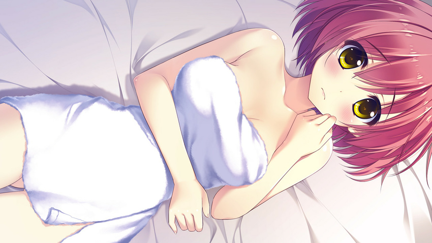 ameto_yuki bare_shoulders bed blush breasts collarbone doumyouji_moemi embarrassed female female game_cg highres large_breasts legs looking_at_viewer lying nude pure_x_connect red_hair short_hair solo thighs towel yellow_eyes