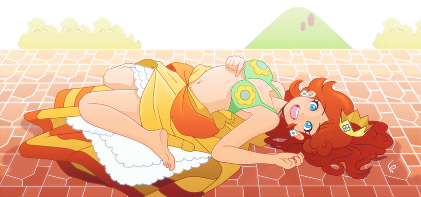 :d barefoot bikini bikini_top_only blue_eyes brown_hair commentary_request crown earrings female flower_earrings jewelry long_hair looking_at_viewer louis_lloyd-judson lying mario_(series) midriff navel on_back open_mouth princess_daisy smile solo swimsuit